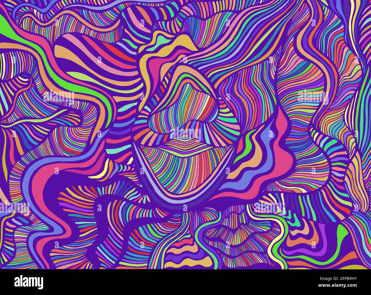 Funky lumineux lignes abstraites motif artistique, arc-en-ciel multicolore couleur. Carte élégante psychédélique décorative. Illustration vectorielle dessinée à la main. Griboux vague b Illustration de Vecteur