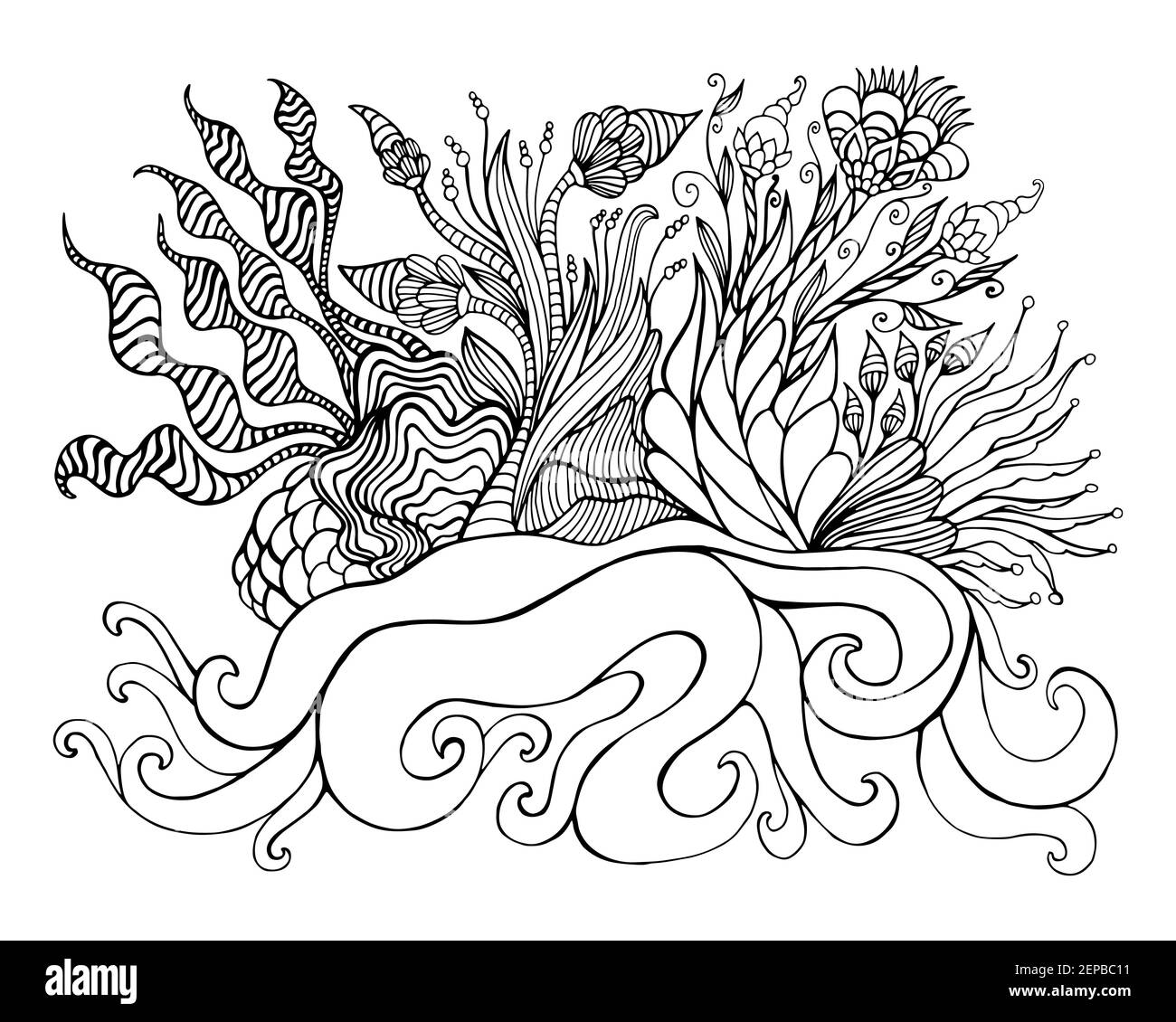 Fantastique jardin avec des fleurs et des plantes qui poussent sur une île de lianas, page de coloriage isolée sur fond blanc. Illustration vectorielle dessinée à la main Illustration de Vecteur