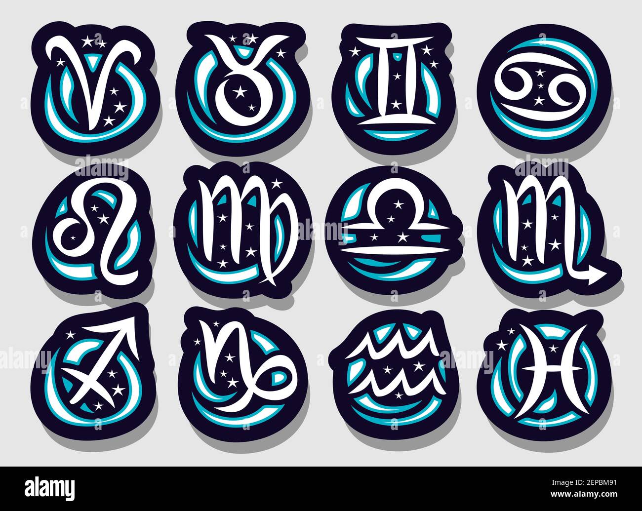 Ensemble vectoriel de signes zodiaques, collection de 12 symboles d'astrologie découpés avec des signes de zodiaque à la main et des étoiles de dessin animé, douze écriture astr Illustration de Vecteur
