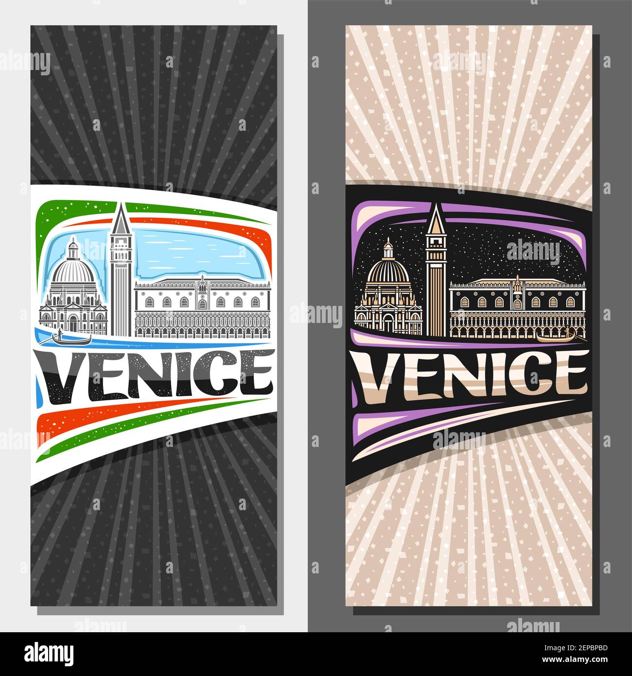 Modèles verticaux vectoriels pour Venise, flyers décoratifs avec illustration du paysage historique de la ville de venise sur fond de ciel de jour et de crépuscule, art design t Illustration de Vecteur