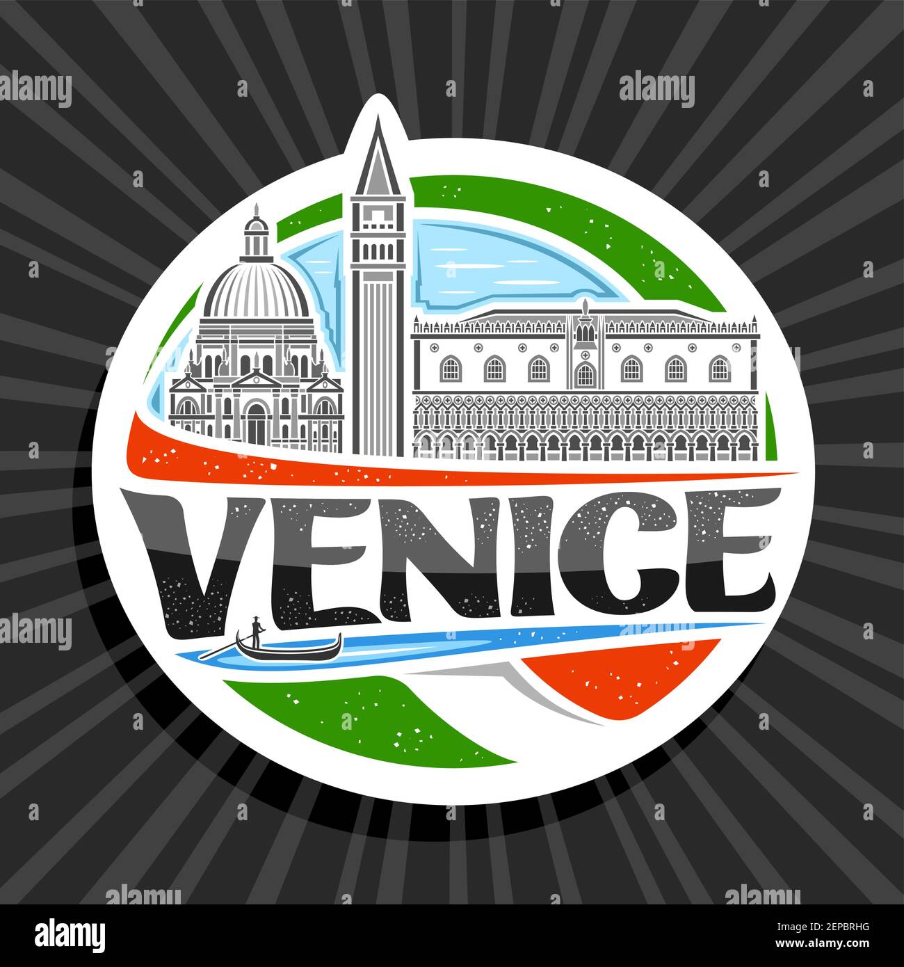 Logo Vector pour Venise, autocollant décoratif blanc avec illustration de la ligne de la célèbre ville de venise paysage de jour ciel, art design touristique réfrigérateur m Illustration de Vecteur