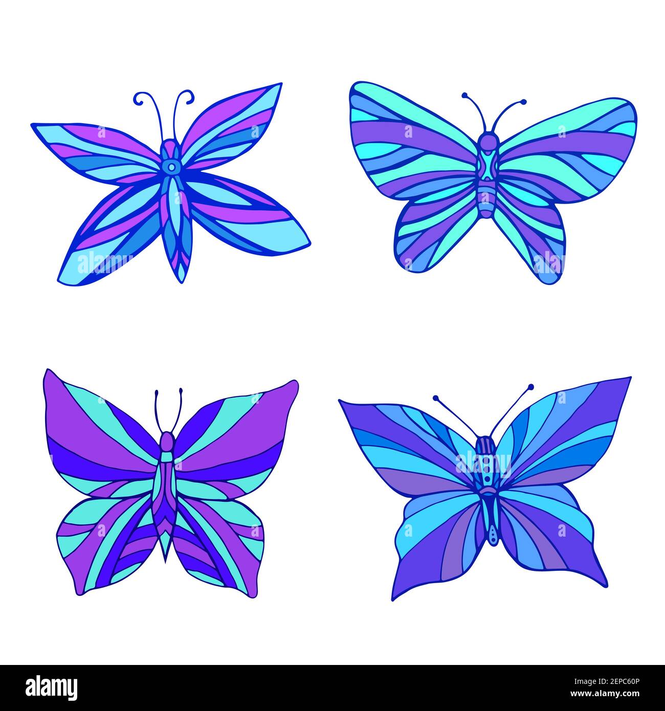 Ensemble de couleur bleu violet vif papillons, arrière-plan blanc isolé. Style Doodle. Des papillons de nuit de fantaisie colorés. Dessin de papillons à main vectorielle Illustration de Vecteur