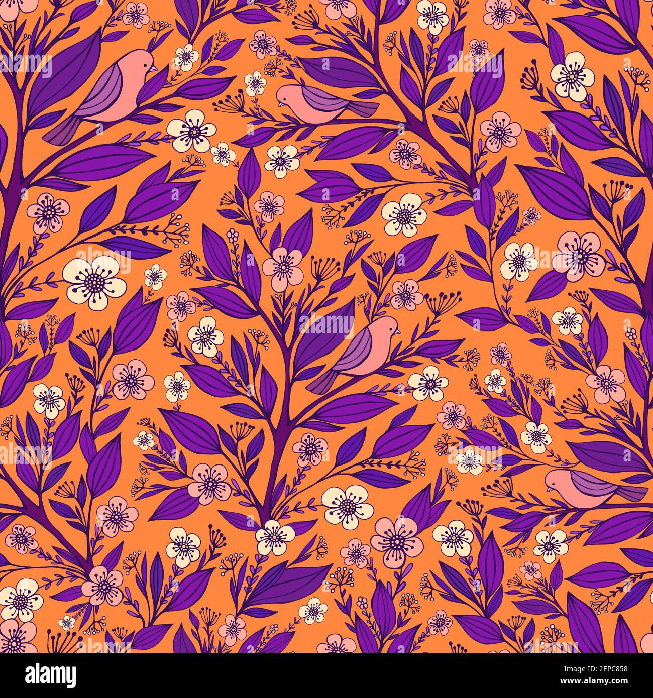 Dessin animé drôle de petits oiseaux s'assoient sur des branches fleuries avec des feuilles sans couture, arrière-plan isolé orange. Style Doodle. Vector dessiné à la main mignon il Illustration de Vecteur