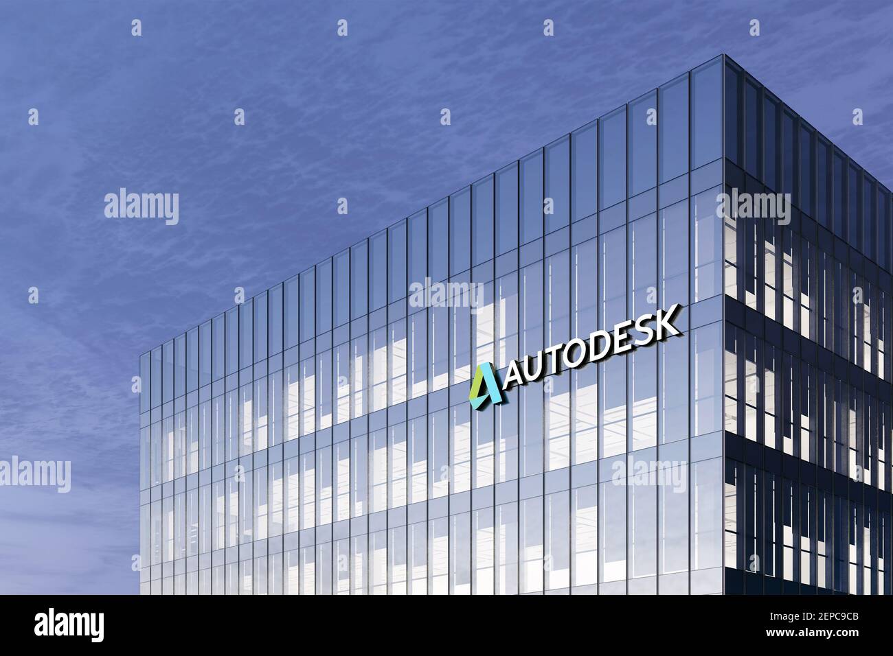 San Rafael, CA, États-Unis. 18 février 2021. Usage éditorial exclusif, 3D CGI. Logo Autodesk Signage sur le bâtiment en verre. Compan. De logiciels informatiques de l'espace de travail Banque D'Images