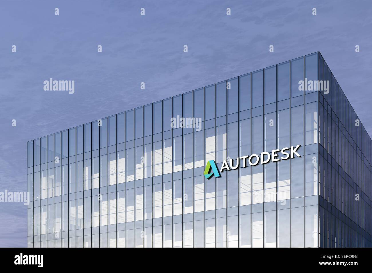 San Rafael, CA, États-Unis. 18 février 2021. Usage éditorial exclusif, 3D CGI. Logo Autodesk Signage sur le bâtiment en verre. Compan. De logiciels informatiques de l'espace de travail Banque D'Images