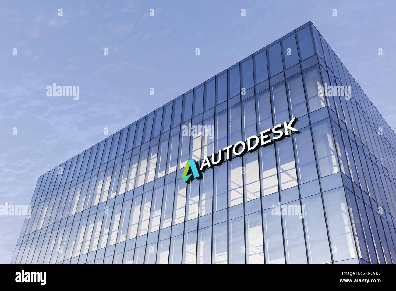 San Rafael, CA, États-Unis. 18 février 2021. Usage éditorial exclusif, 3D CGI. Logo Autodesk Signage sur le bâtiment en verre. Compan. De logiciels informatiques de l'espace de travail Banque D'Images