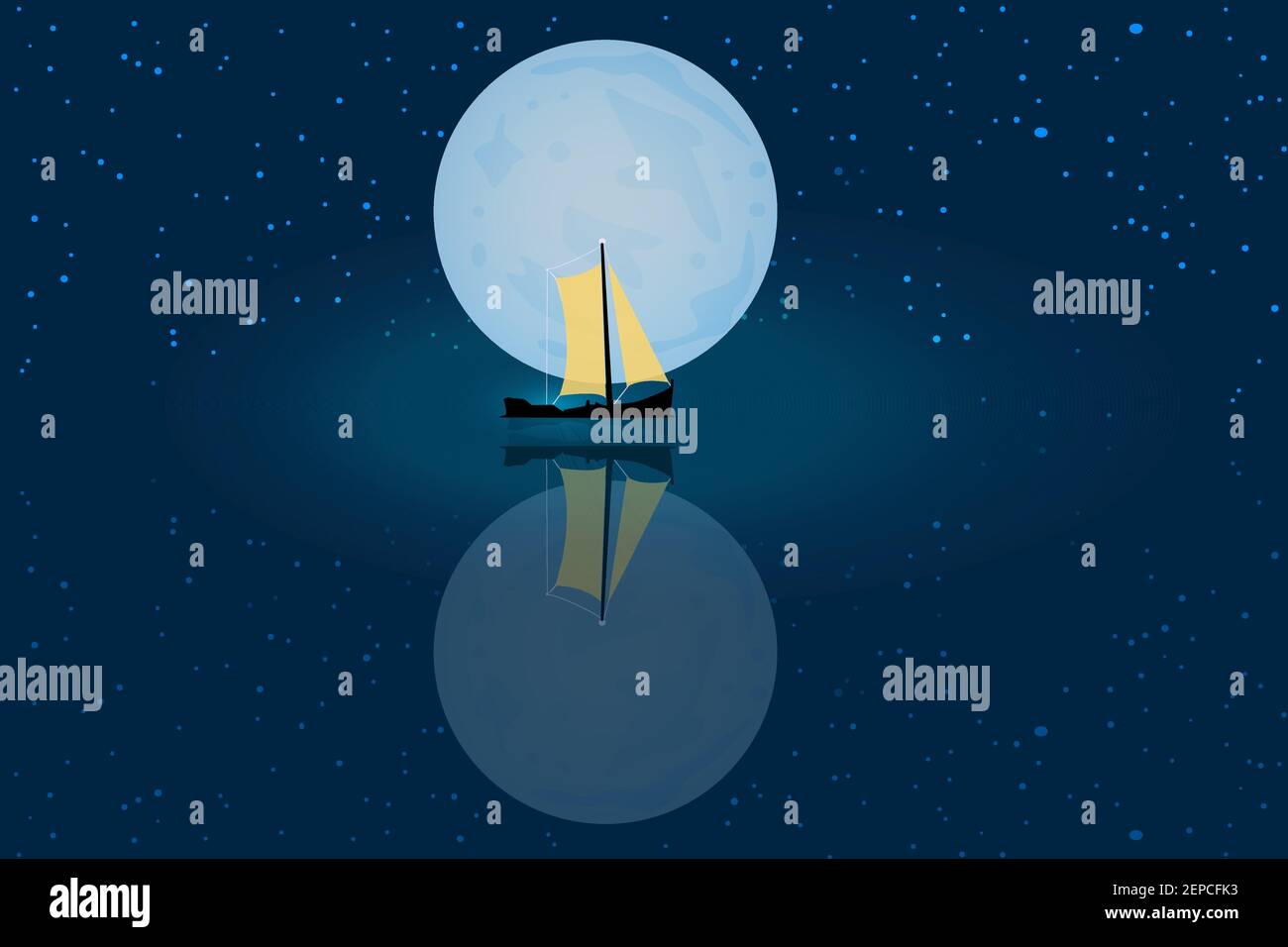 Voilier jaune et ciel étoilé avec pleine lune reflétée Calme mer.nuit nature paysage marin.bateau dans l'océan dans la lune et Illustration Stars.Vector Illustration de Vecteur