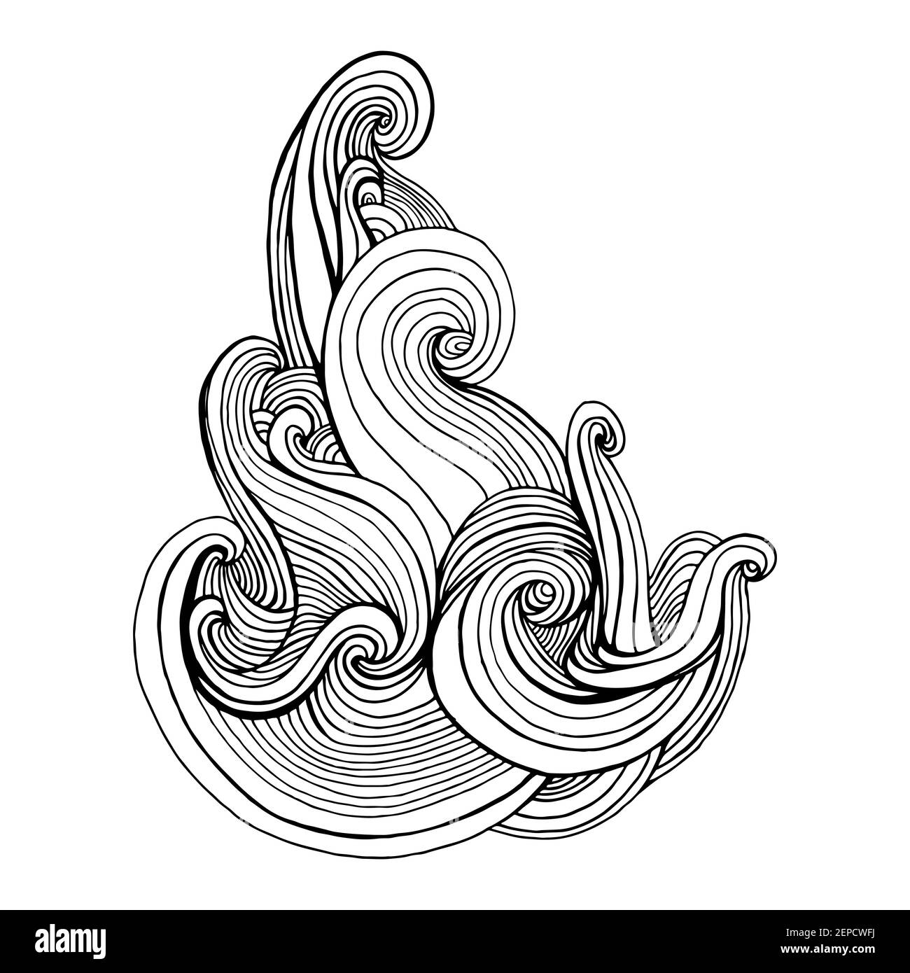 Page de coloriage des éléments à vagues ondulantes, isolée sur du blanc. Motif de style coolé décoratif à lignes noires. Illustration de Vecteur