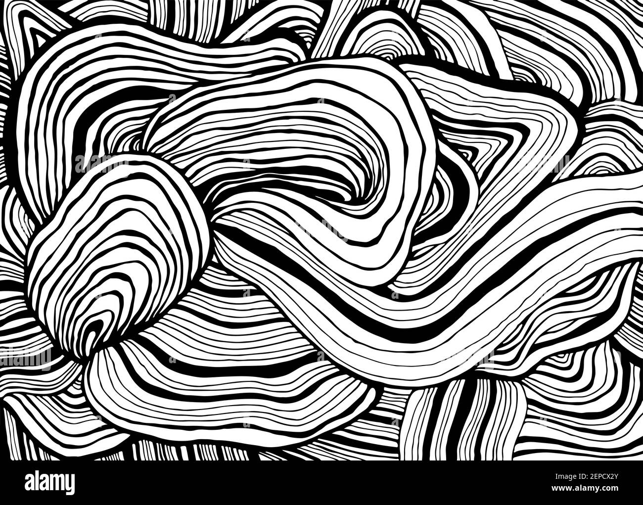 Ondes noir et blanc créatif décoratif arrière-plan abstrait, page de coloriage psychédélique pour adultes. Illustration de Vecteur