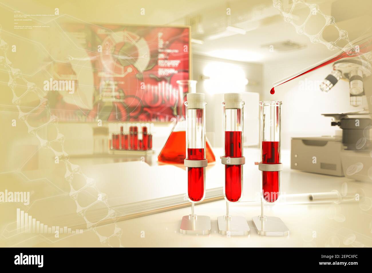 Épreuves en clinique de biotechnologie - analyse de sang pour les protéines ou les aides, illustration médicale 3D avec superposition de gradient créative Banque D'Images