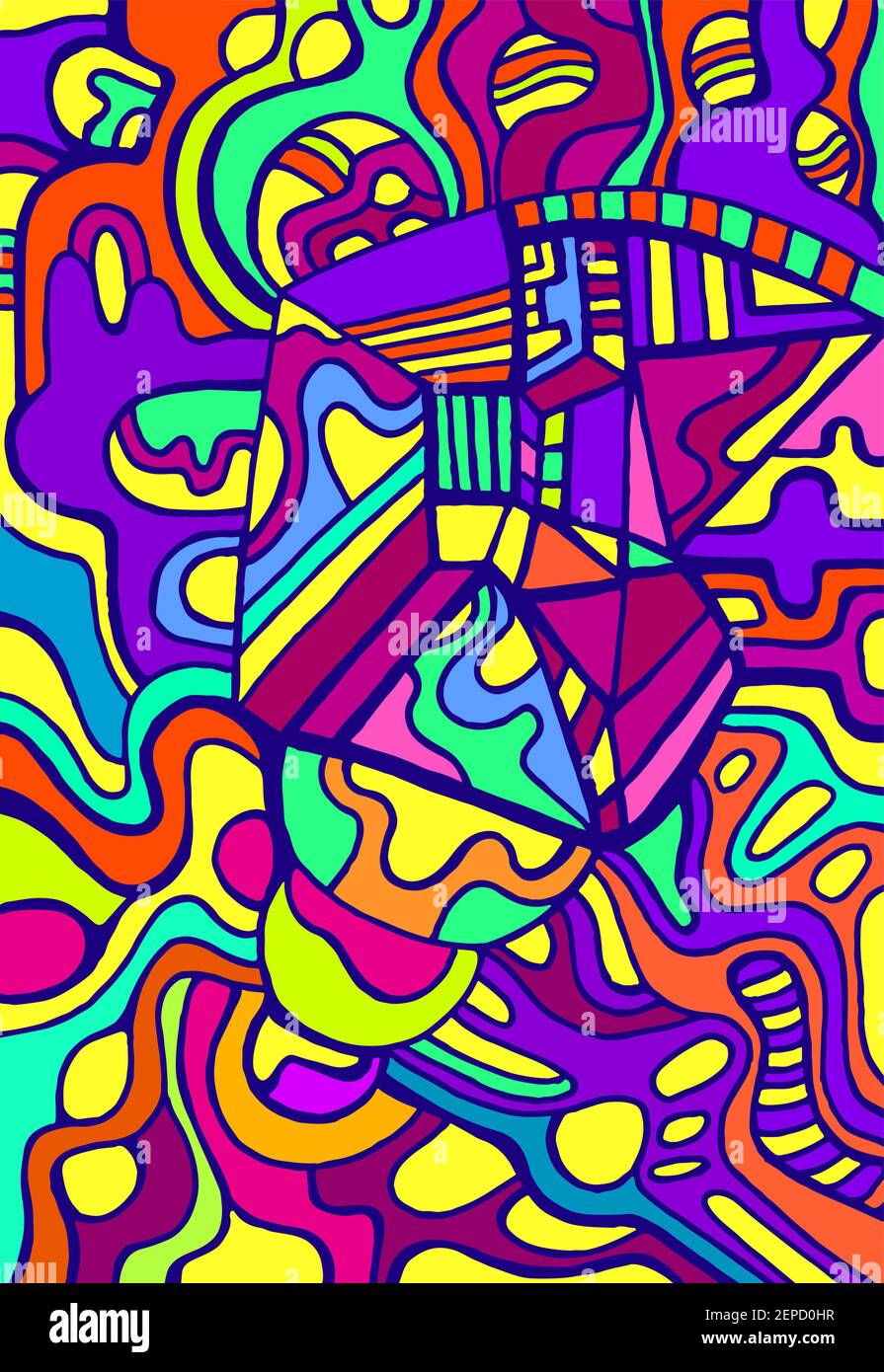 Motif de caniche surréaliste coloré et psychédélique vif. Motifs abstraits de couleurs arc-en-ciel, labyrinthe d'ornements. Illustration de Vecteur