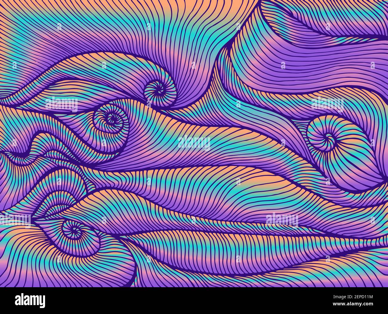 Style rétro hippie vagues psychédéliques abstraites lumineuses, couleurs vives dégradé orange bleu violet. Illustration de Vecteur