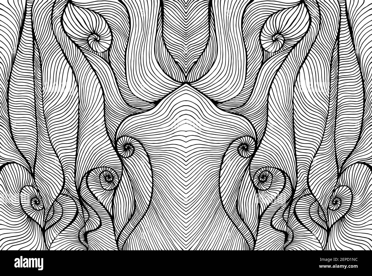 Vagues psychédélique curly noir et blanc page de coloration abstraite. Illustration de Vecteur