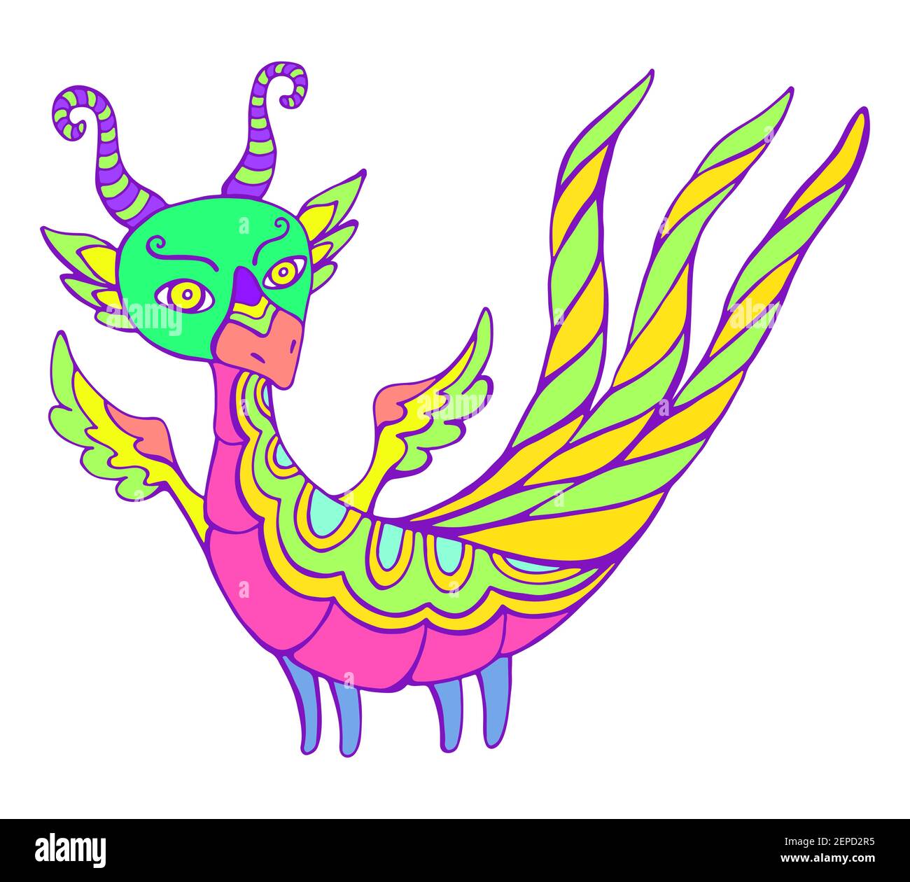 Dessin animé Dragon FANTASY avec ailes, cornes et trois queues, isolé en blanc. Illustration de Vecteur
