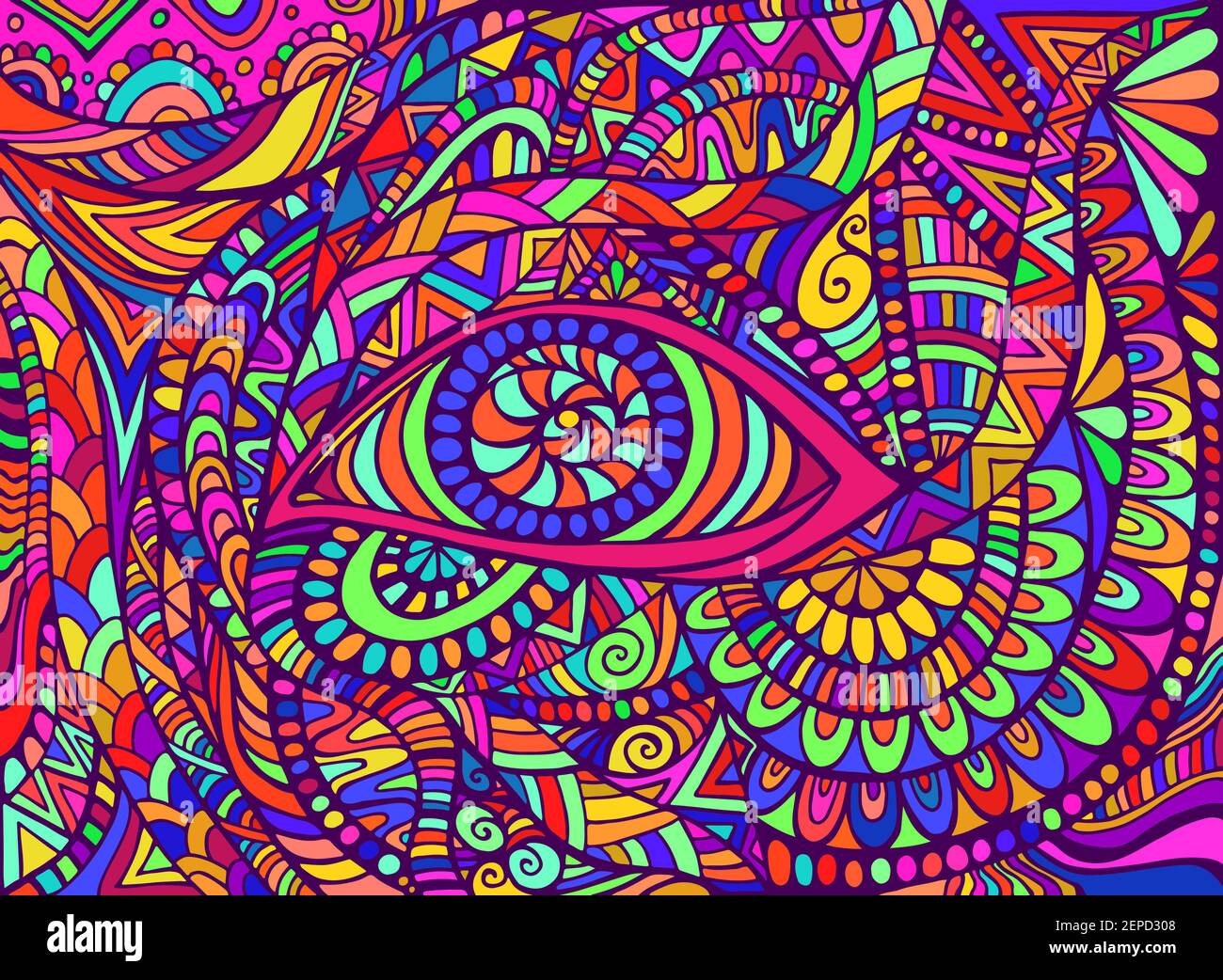 Trippy hippie arc-en-ciel psychédélique shamanic oeil avec des ornements bizarres coloré fond fantastique. Illustration de Vecteur