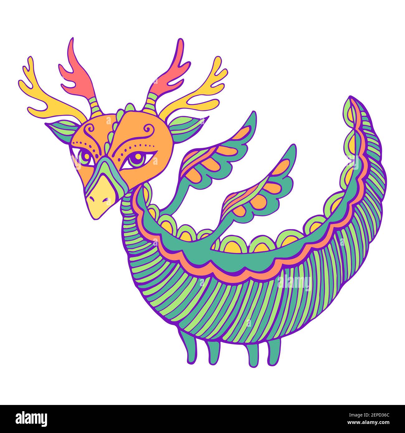 Dragon coloré fantastique avec des ailes, des cornes et des queues. Illustration de Vecteur