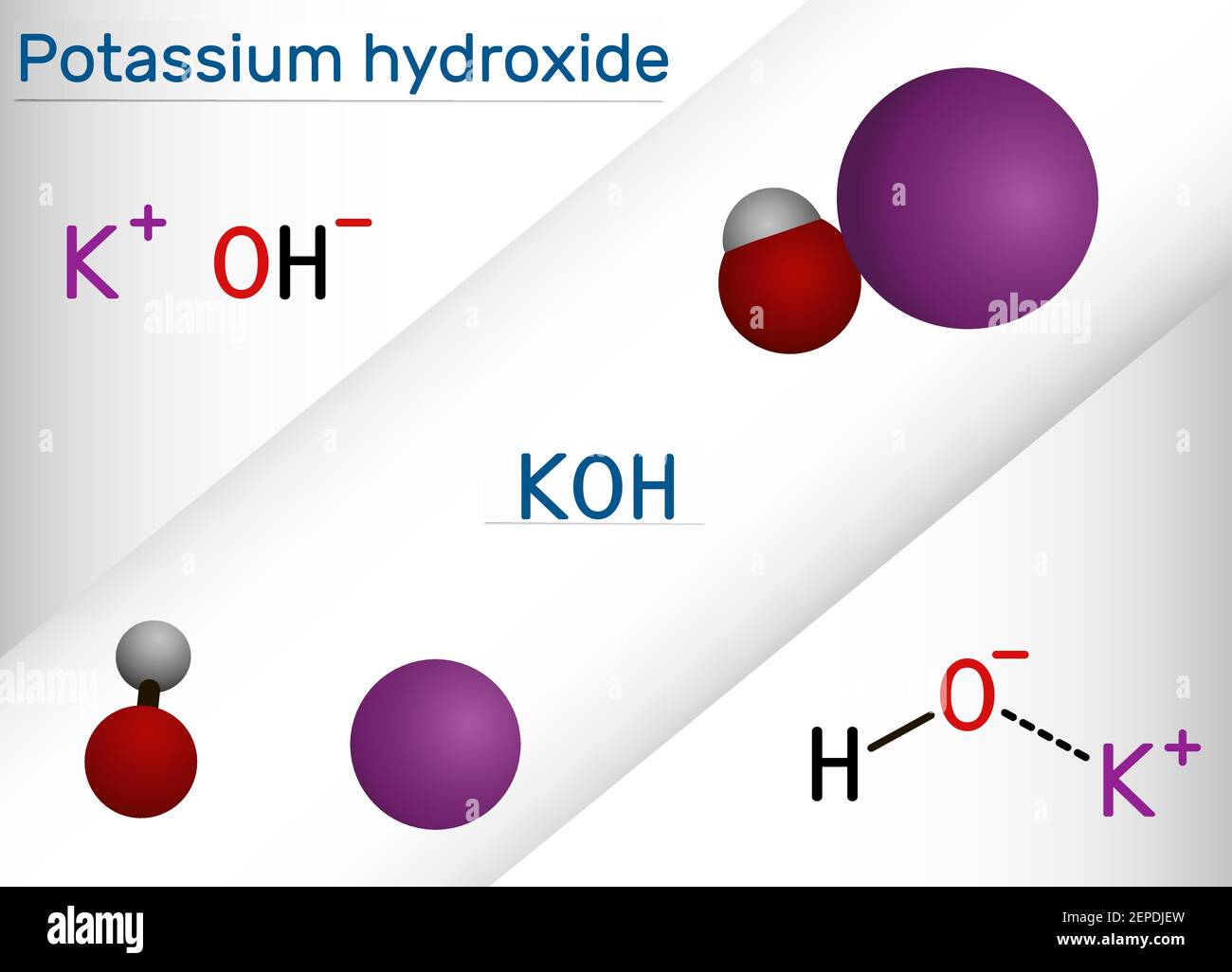 Hydroxyde de potassium, potasse caustique, molécule de lessive. LE KOH est  une base caustique forte et un composé ionique alcalin. Formule chimique  structurale et mod. Molécule Image Vectorielle Stock - Alamy