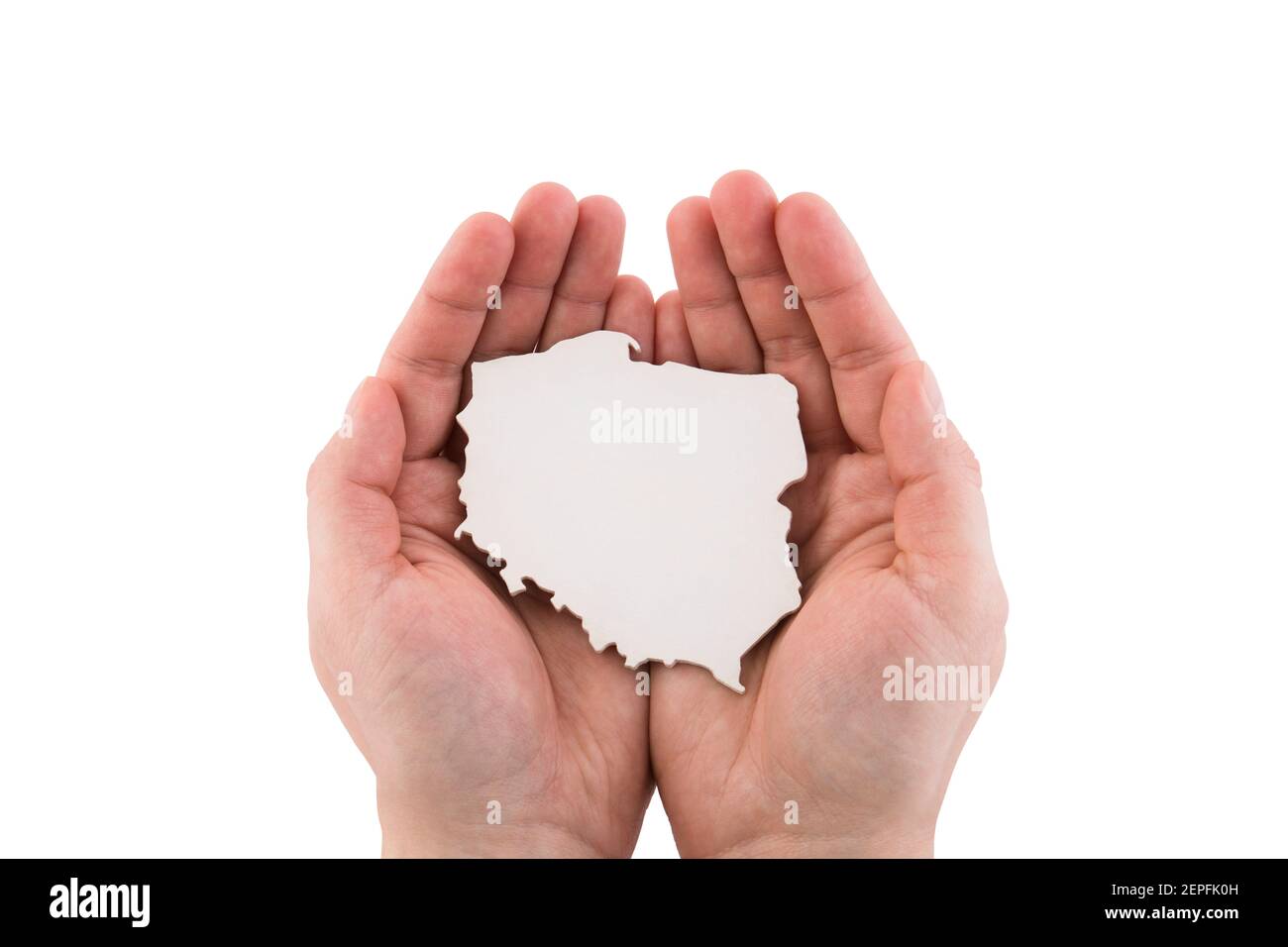 Forme de la carte de Pologne dans les mains isolées sur fond blanc avec masque Banque D'Images