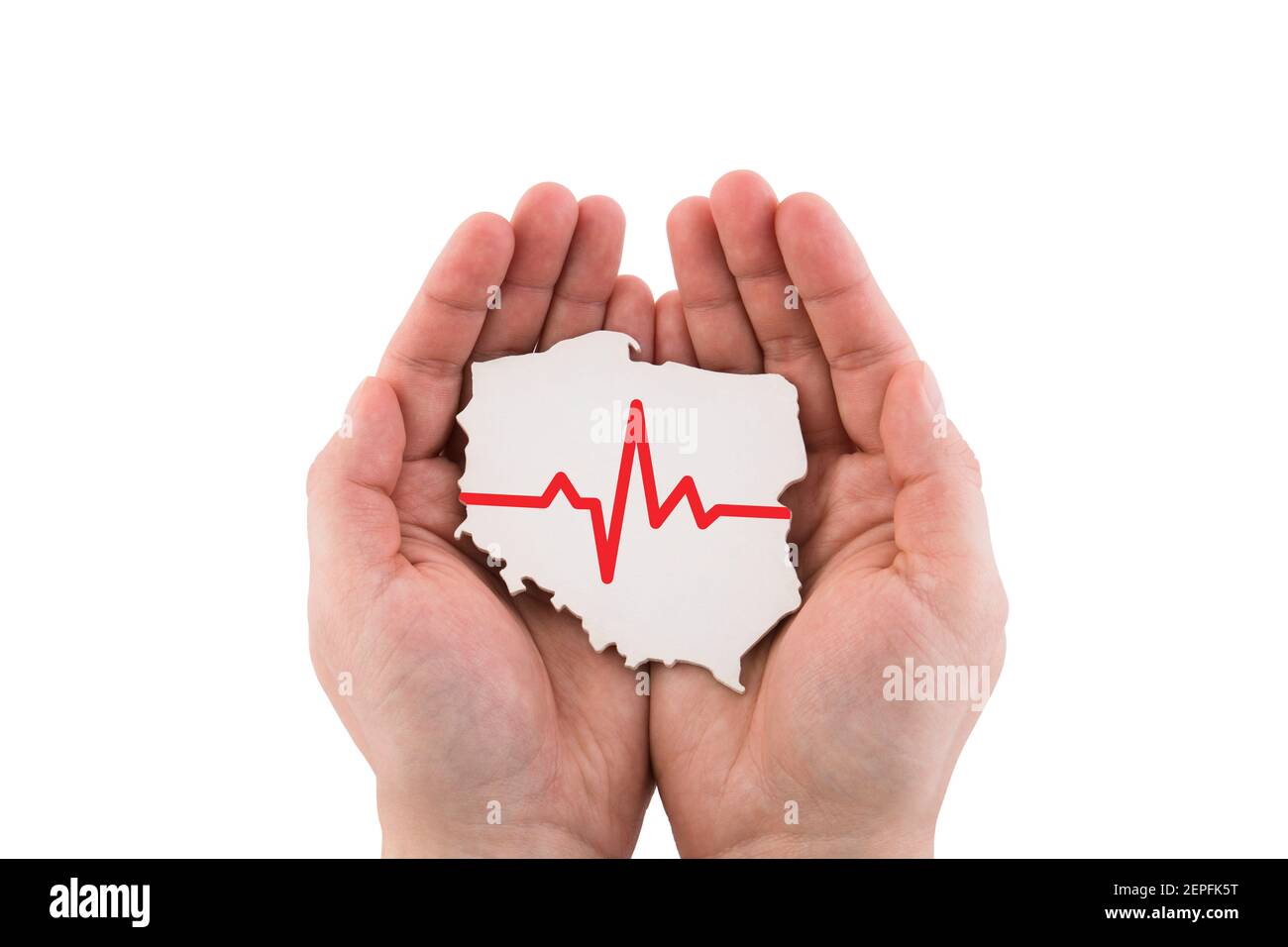 Forme de la carte de Pologne avec impulsion rouge dans les mains isolées sur fond blanc avec masque Banque D'Images