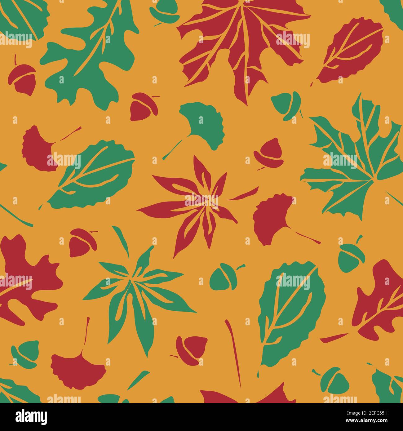 Motif vectoriel sans couture avec feuilles d'automne sur fond jaune moutarde. Superbe papier peint d'automne. Couleurs d'Halloween florales simples. Illustration de Vecteur