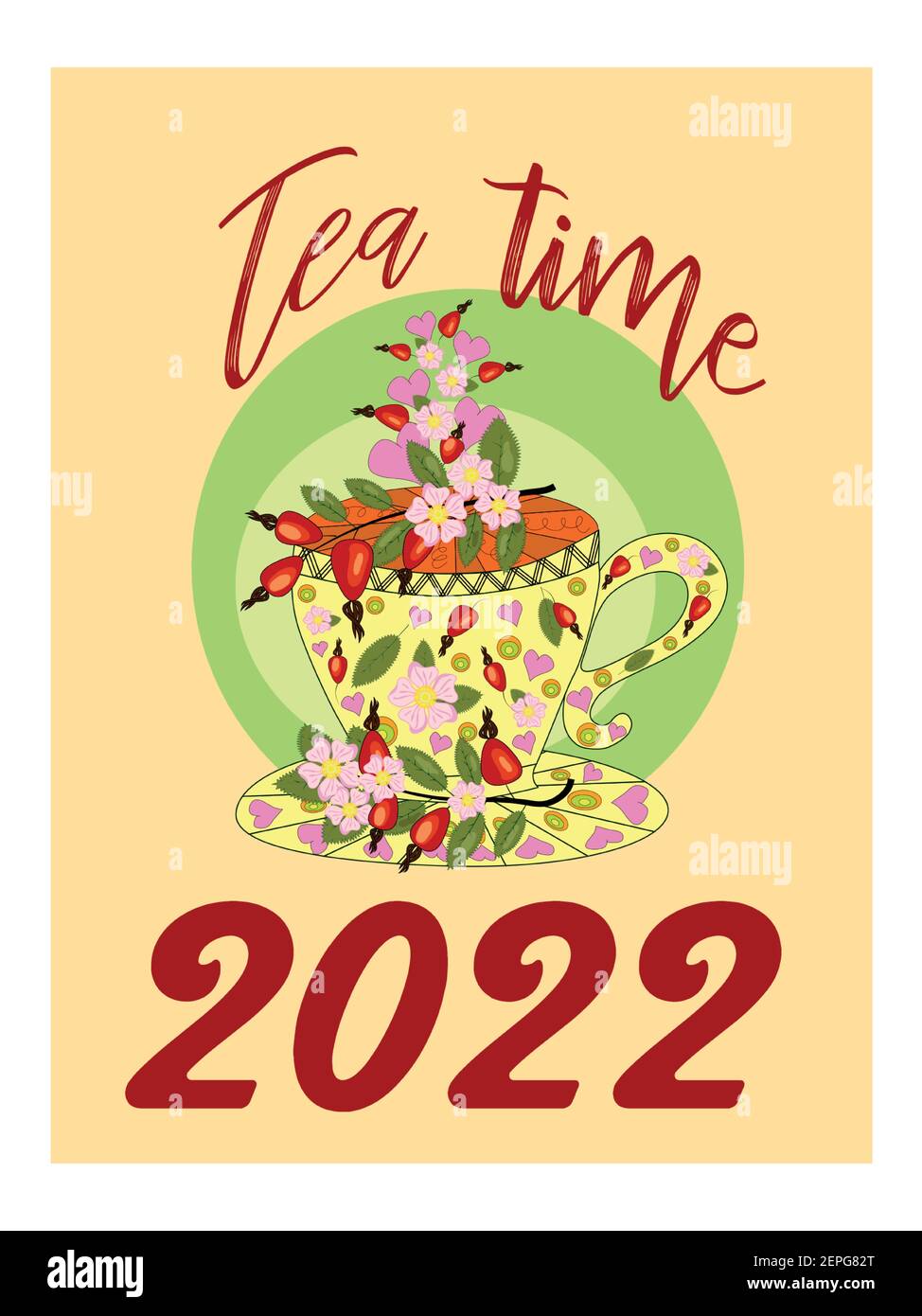 Boissons calendrier 2022 avec dessert de saison de thé, café, cacao. Fruits, baies, gâteaux, thé. Thés avec ingrédients sur ordonnance Illustration de Vecteur