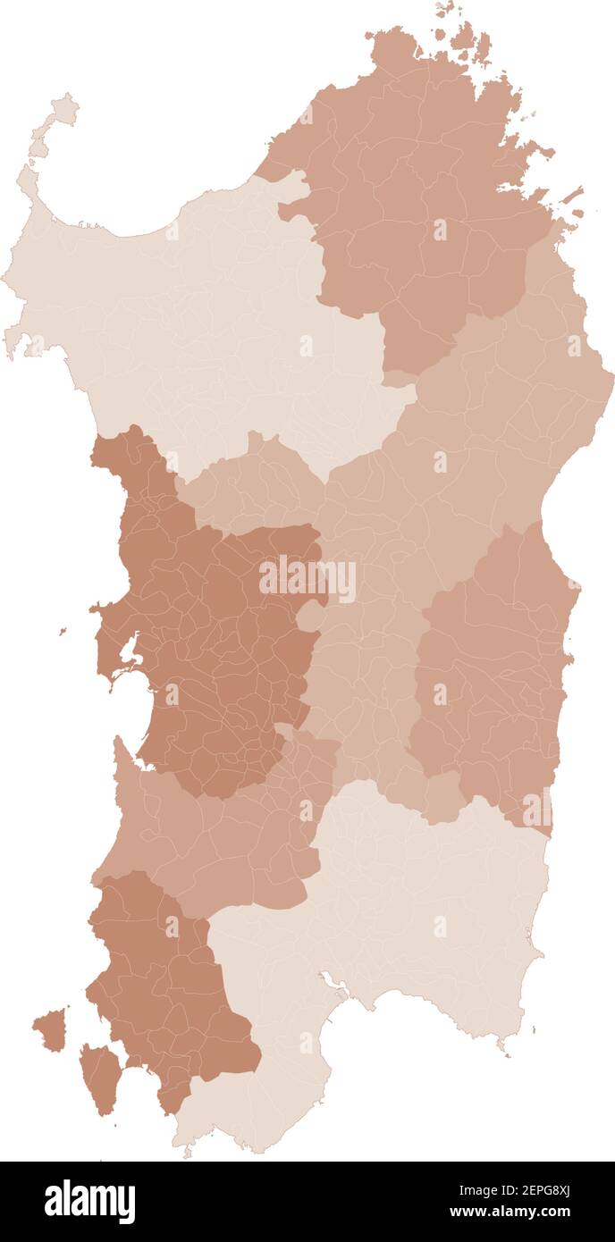 Carte de la Sardaigne, division par provinces et municipalités. Polygones fermés et parfaitement modifiables, remplissage de polygones et tracés de couleurs modifiables à volonté. Niveaux. Illustration de Vecteur