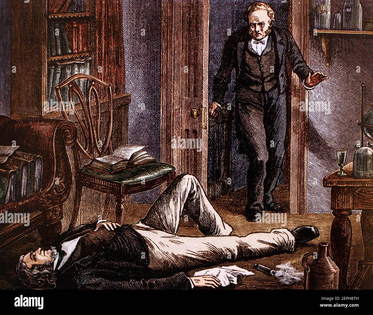 Sir James Young Simpson (1811-1870) était un obstétricien écossais et une figure importante dans l'histoire de la médecine. Il a été le premier médecin à démontrer les propriétés anesthésiques du chloroforme sur les humains et a contribué à populariser son utilisation en médecine. Dr Simpson a utilisé pour essayer de nouveaux produits chimiques pour voir s'ils avaient un effet anesthésique. En 1847, il décide d'essayer le chloroforme, mais s'effondre soudainement pour reprendre conscience le lendemain matin. Réveillé par son maître d'hôtel, Simpson savait qu'il avait trouvé quelque chose qui pourrait être utilisé comme anesthésique. Banque D'Images