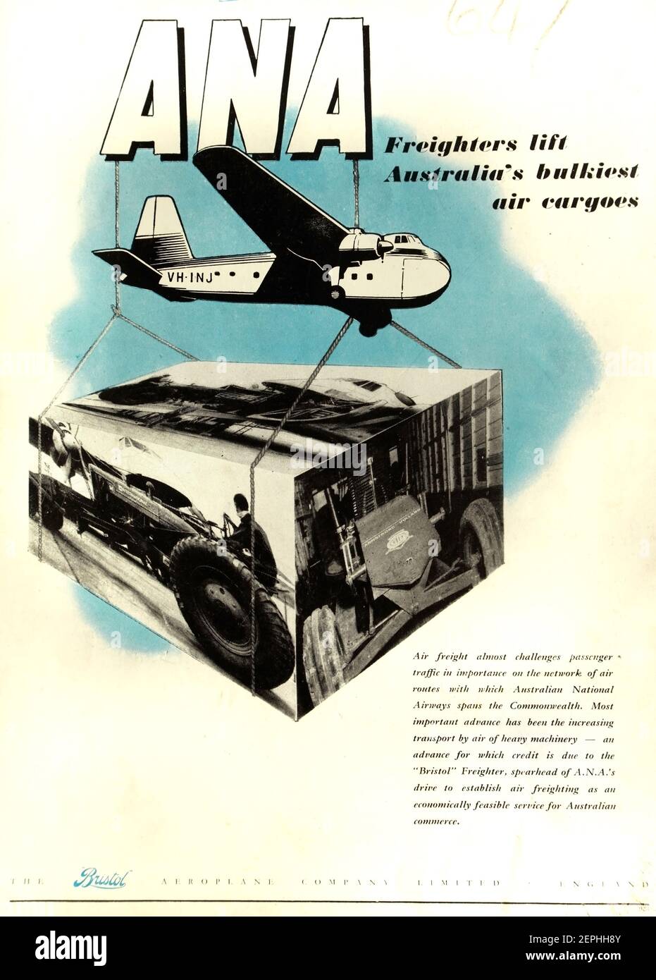 Publicité vintage 1950 pour le fret aérien d'ANA (Australian National Airways) mettant en vedette l'avion Bristol Freighter. Banque D'Images