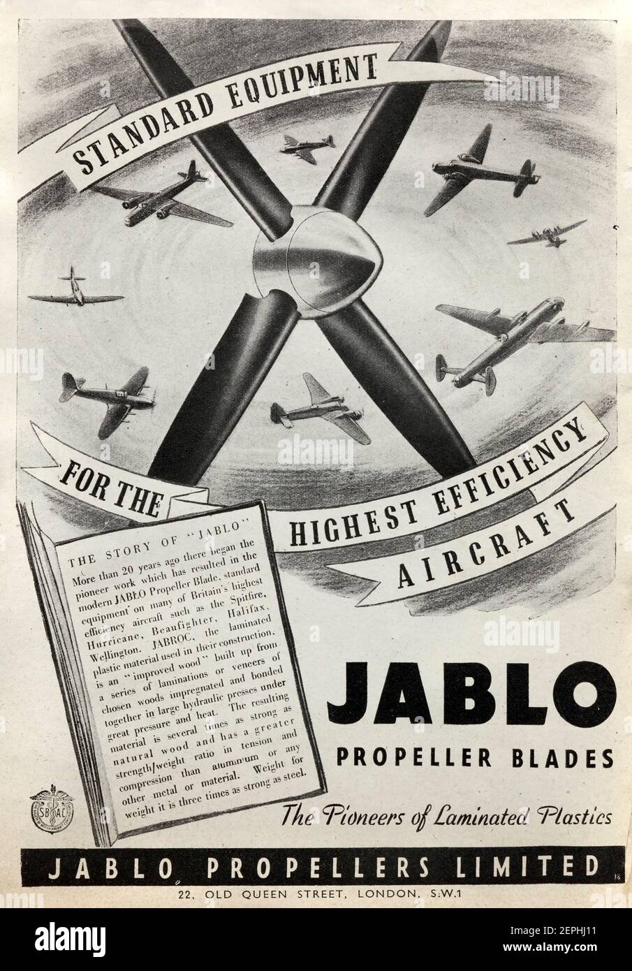 Publicité vintage 1944 pour la compagnie britannique Jablo Aerospace, producteurs de pales d'hélice d'avion. Banque D'Images