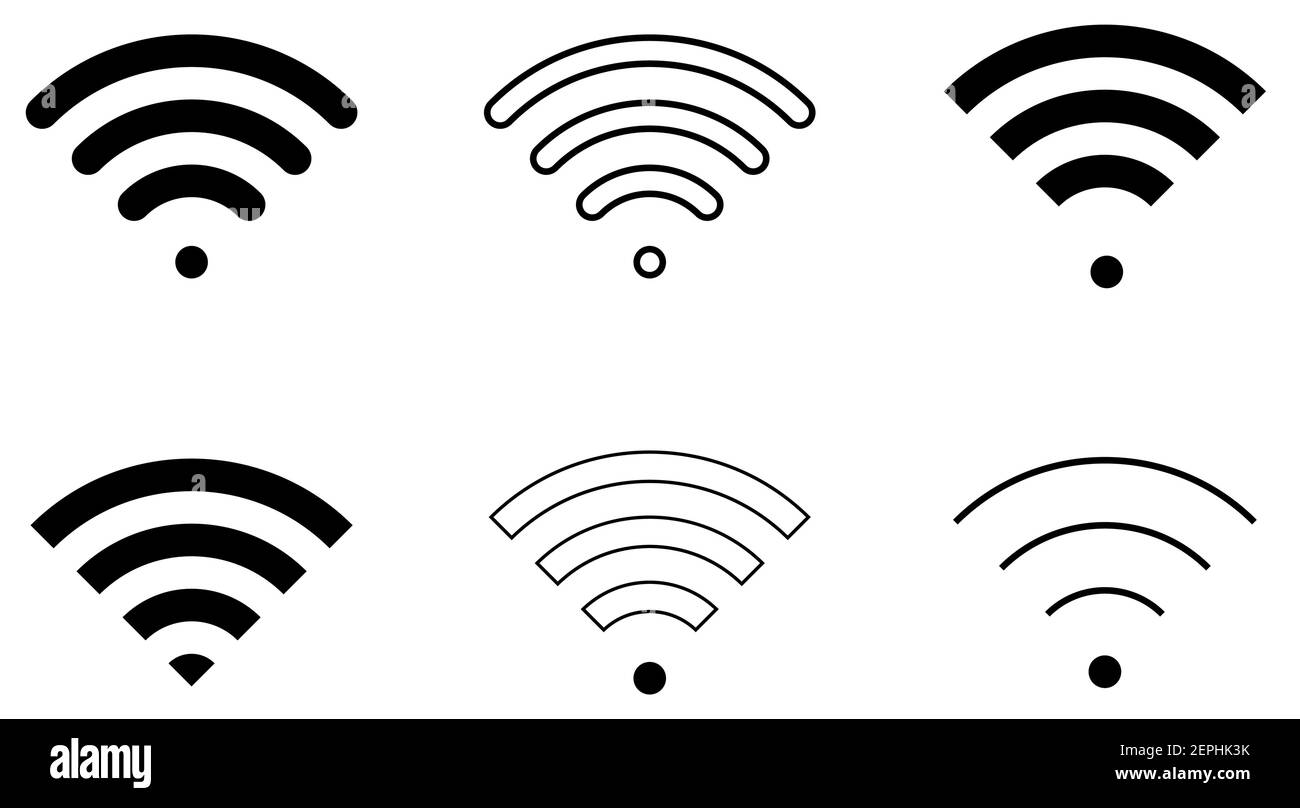 Ensemble d'icônes de signe wifi plat de forme et de niveau de connexion différents, verrouillé et déverrouillé, triangle, fin, épais et rond. Illustration de Vecteur