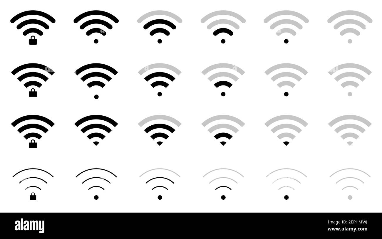 Ensemble d'icônes de signe wifi plat de forme et de niveau de connexion différents, verrouillé et déverrouillé, triangle, fin, épais et rond. Illustration de Vecteur