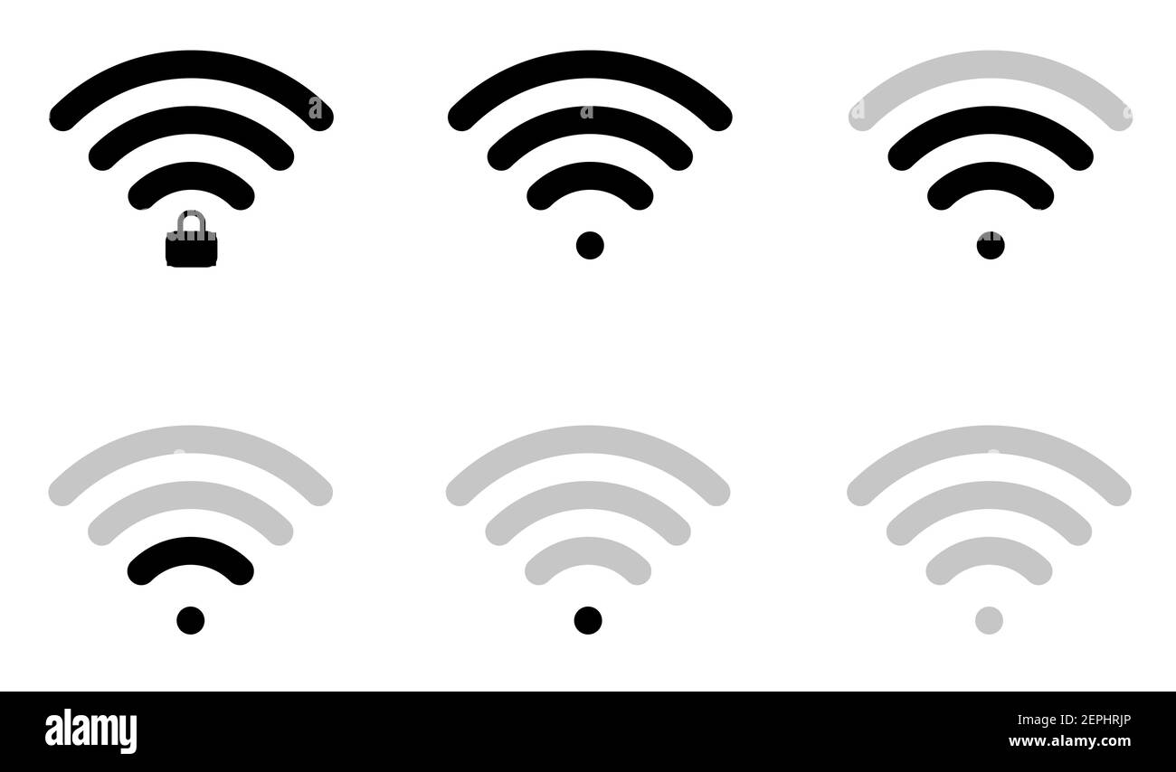 Icônes de signe wifi plat en forme ronde et niveau de connexion, verrouillé et déverrouillé, triangle, fin, épais et rond. Illustration de Vecteur