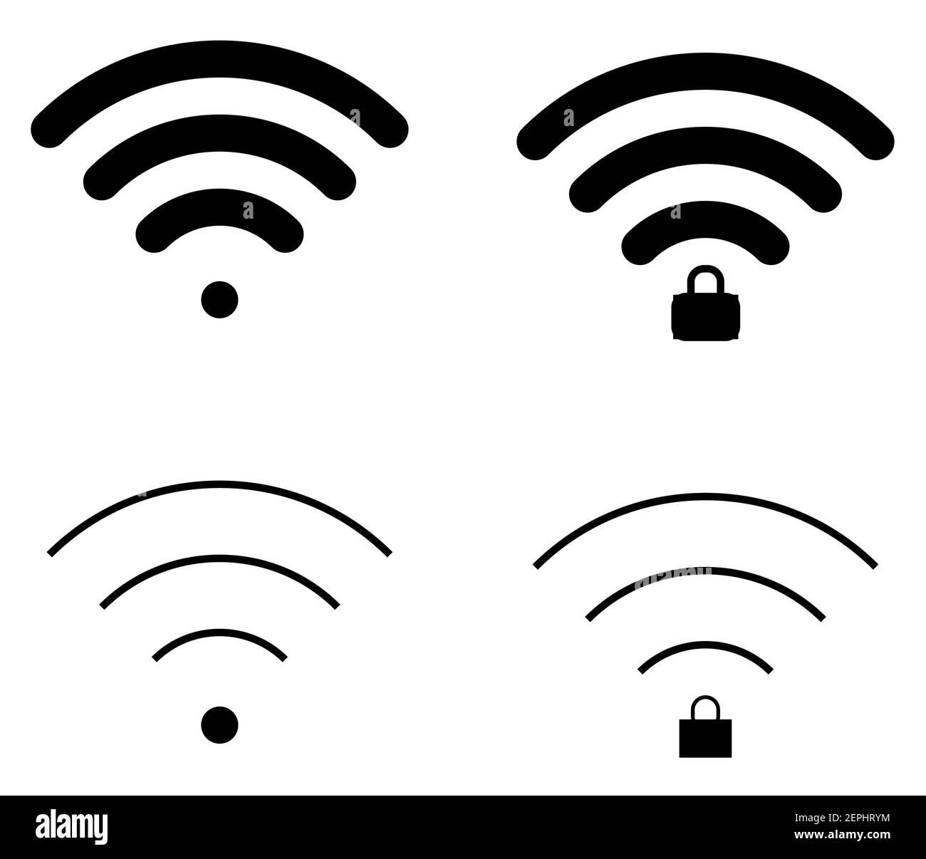 Icônes de connexion wi-fi plates de forme droite et ronde, niveau de connexion, verrouillé et déverrouillé, triangle, fin, épais et rond. Illustration de Vecteur