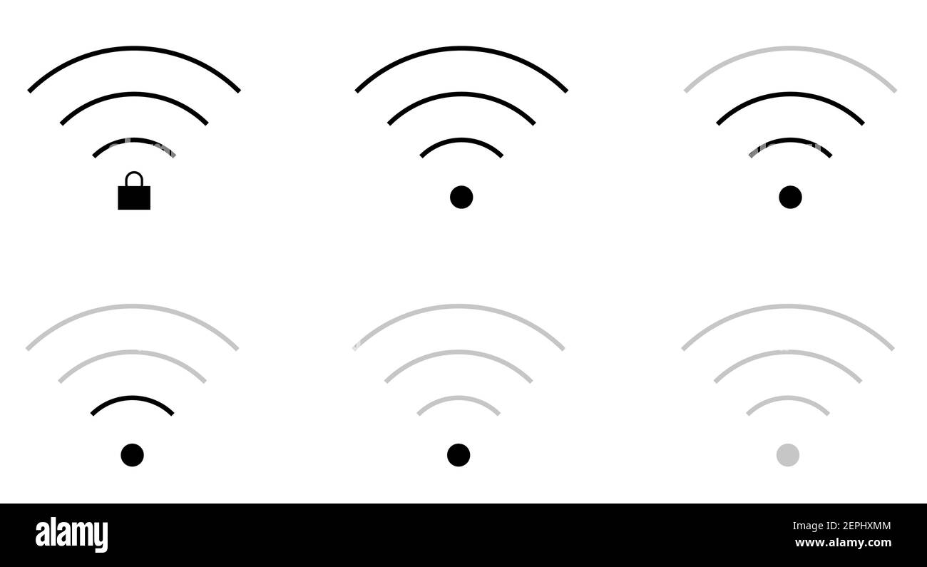 Icônes de signe wifi plat en forme fine et niveau de connexion, verrouillé et déverrouillé, triangle, fin, épais et rond. Illustration de Vecteur