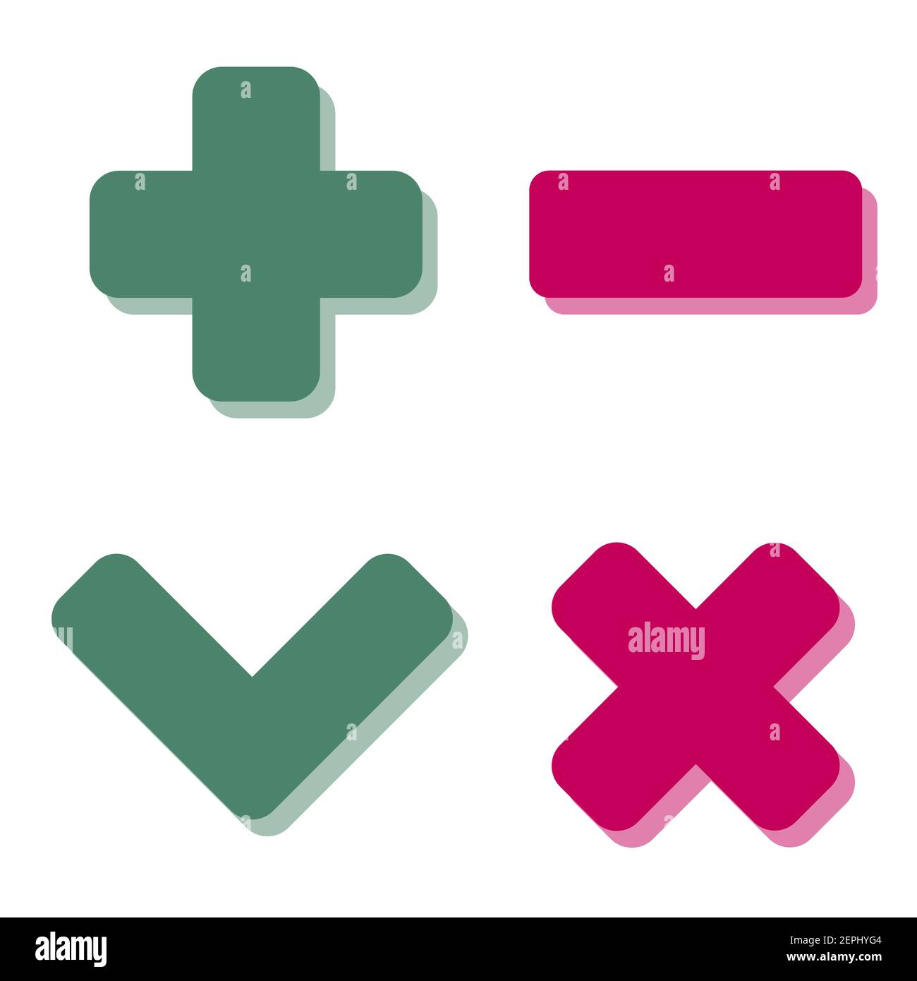 Plus moins et cochez les icônes plates rouges et vertes avec des ombres. Illustration de Vecteur