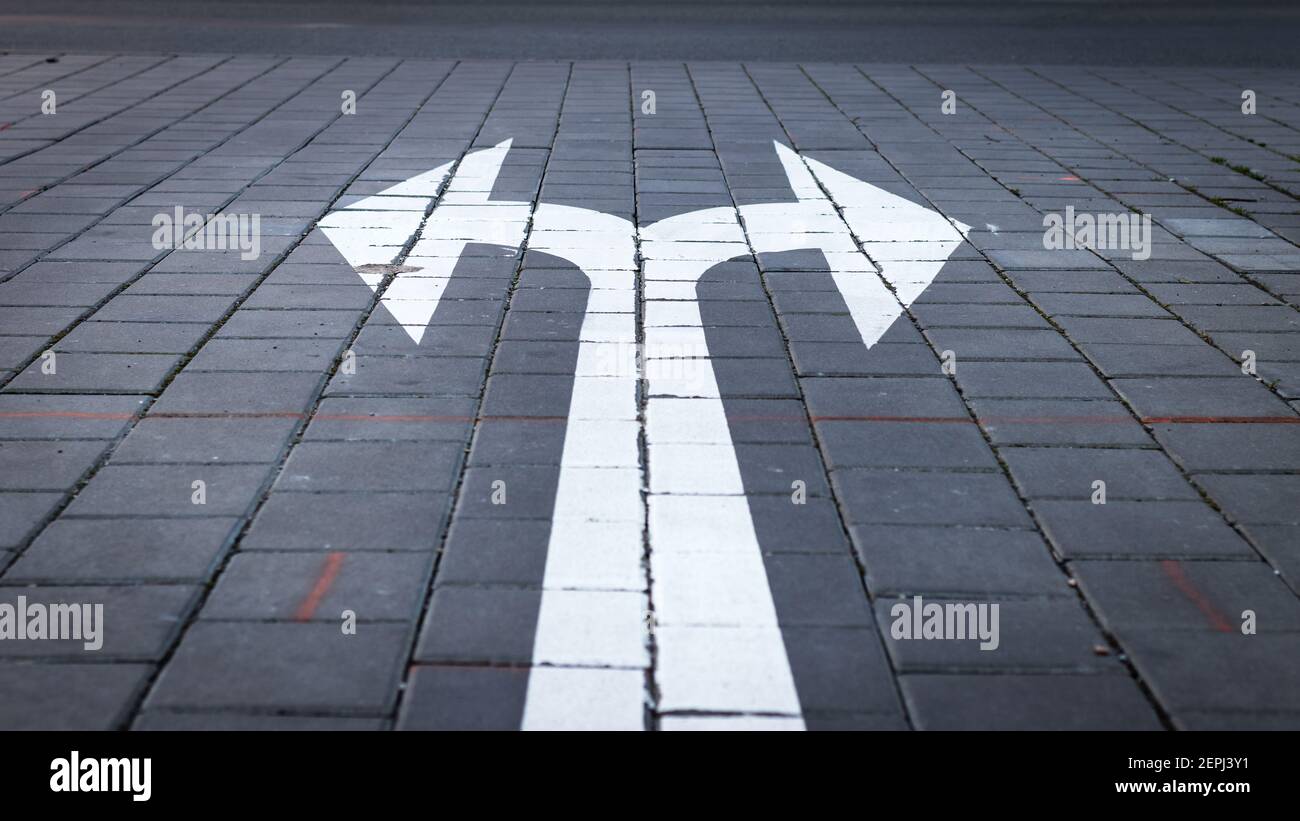 Symbole de flèche sur route à fourche. Faites votre choix. Flèche de direction sur la rue. Concept de décision. Banque D'Images