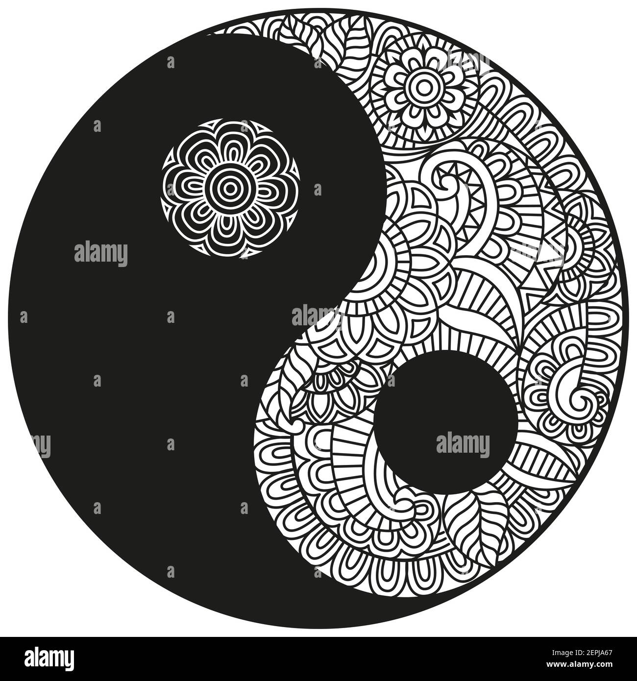 Symbole vecteur Yin-Yang. Livre de coloriage pour adulte de style oriental avec fleurs et ornements floraux ethniques. Motif de mandala circulaire pour henné, mehndi Illustration de Vecteur