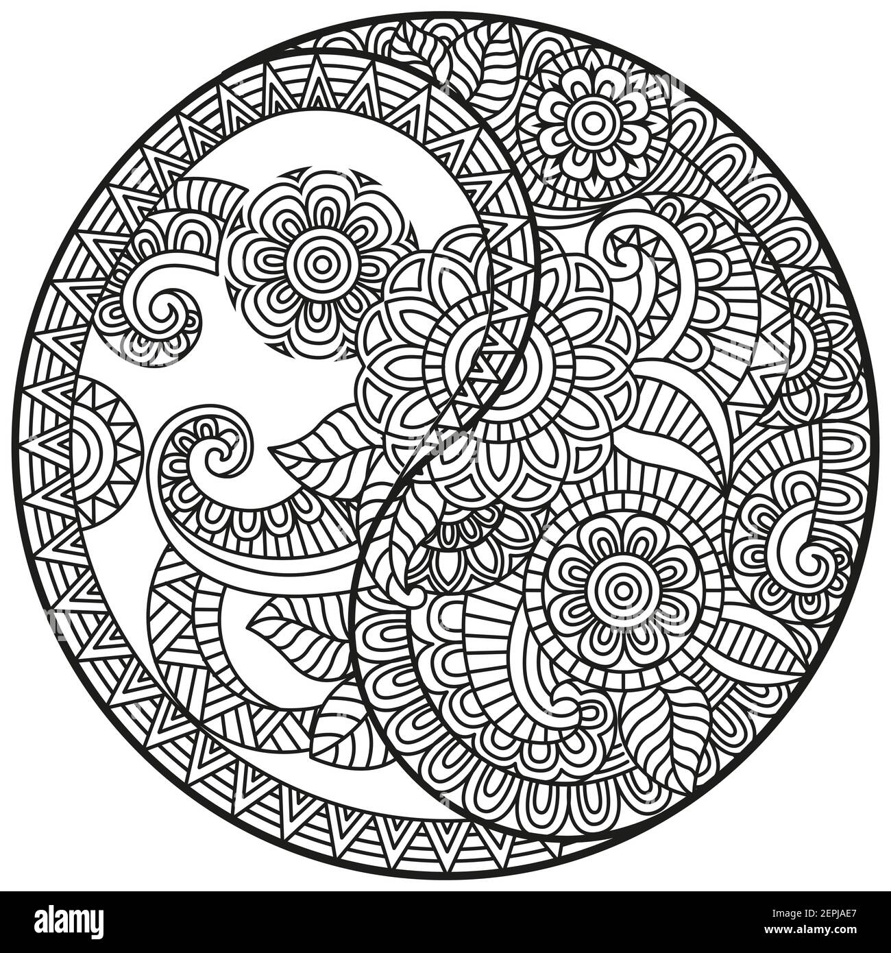 Symbole vecteur Yin-Yang. Livre de coloriage pour adulte de style oriental avec fleurs et ornements floraux ethniques. Motif de mandala circulaire pour henné, mehndi Illustration de Vecteur