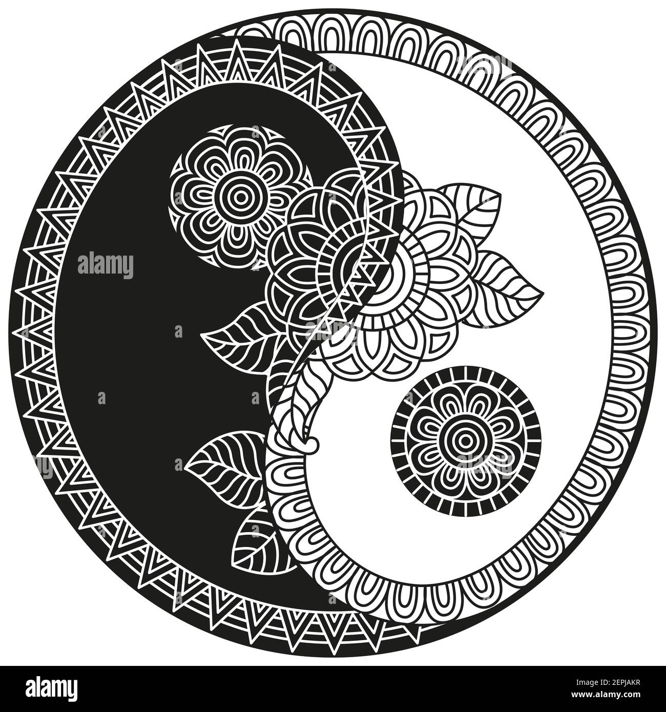 Symbole vecteur Yin-Yang. Livre de coloriage pour adulte de style oriental avec fleurs et ornements floraux ethniques. Motif de mandala circulaire pour henné, mehndi Illustration de Vecteur