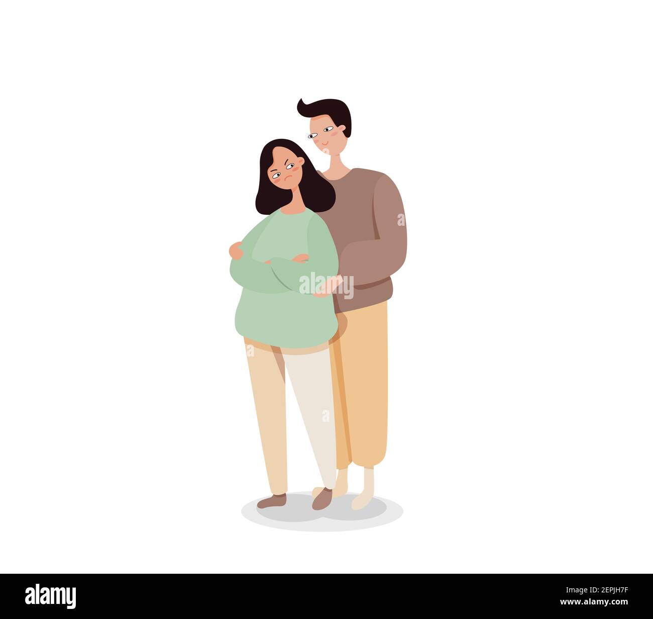 Illustration de la relation de couple marié. Homme avec le sourire calme offensé femme. Illustration de Vecteur