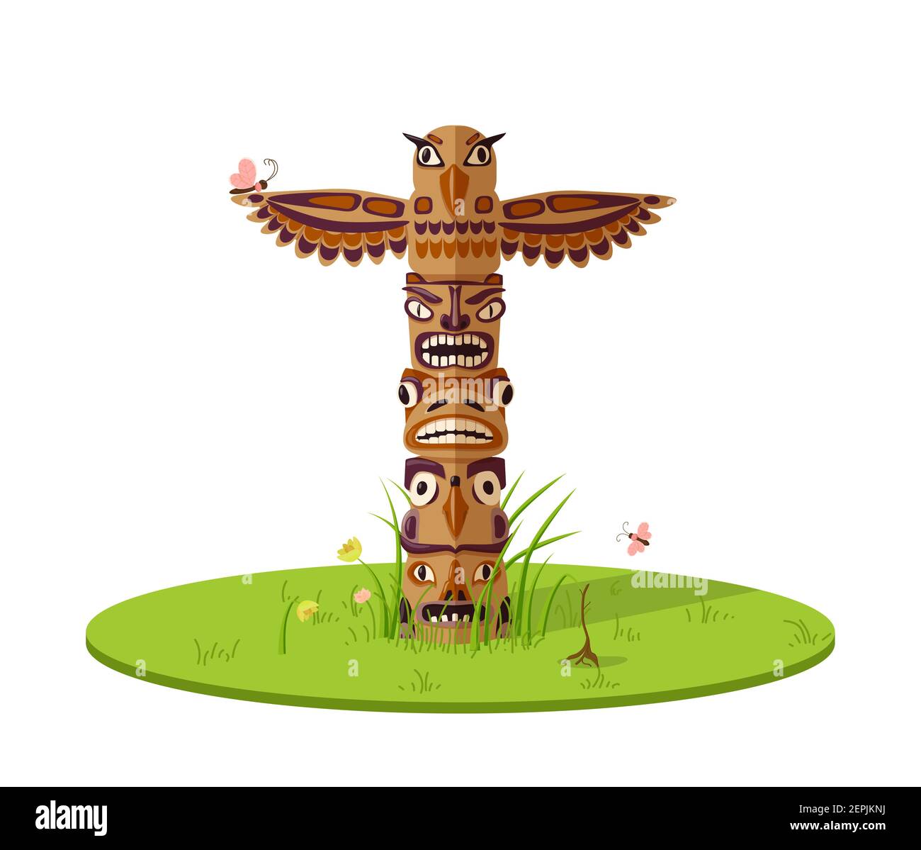 Totem fantastique oiseaux sur la pelouse. Ancienne statue en bois amérindienne de créatures mythiques ethniquement. Illustration de Vecteur