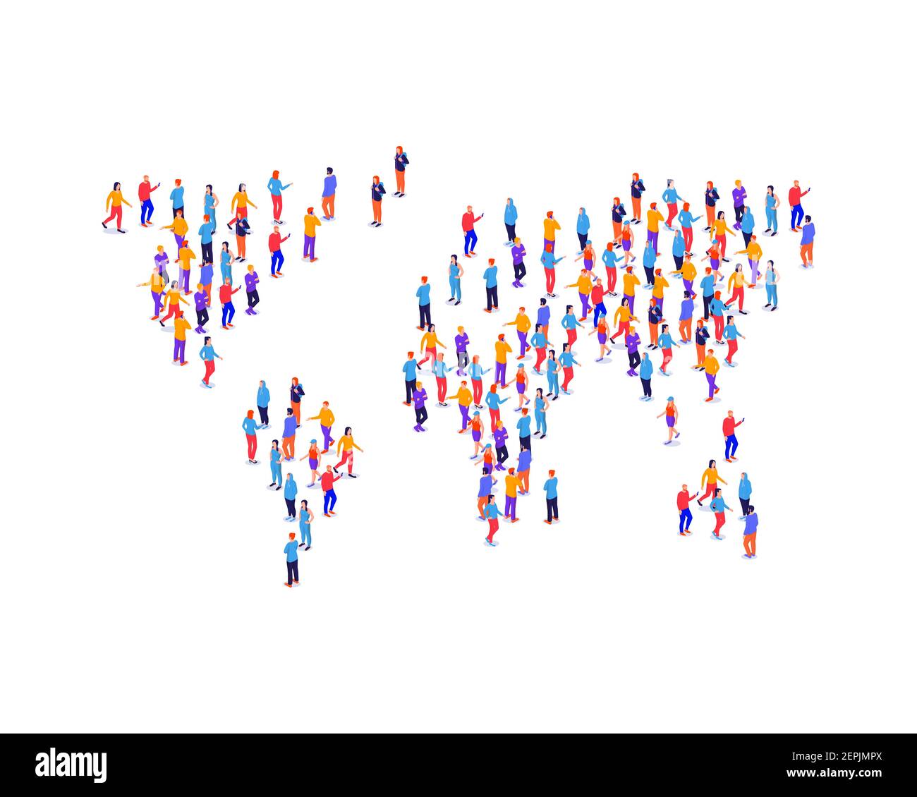 Rassembler les gens dans la forme carte de la terre illustration isométrique. Groupes personnages alignés avec l'analyse des continents du monde population humaine. Illustration de Vecteur