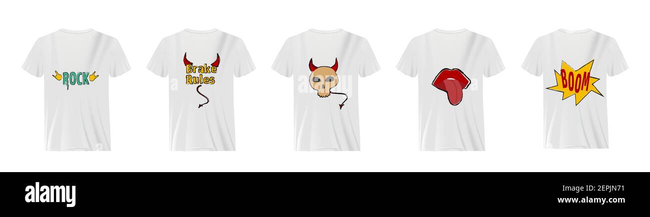 T-shirts blancs avec ensemble de dessins. Crâne démon avec cornes rouges et lèvres de la queue rouge avec la langue protubérante. Illustration de Vecteur