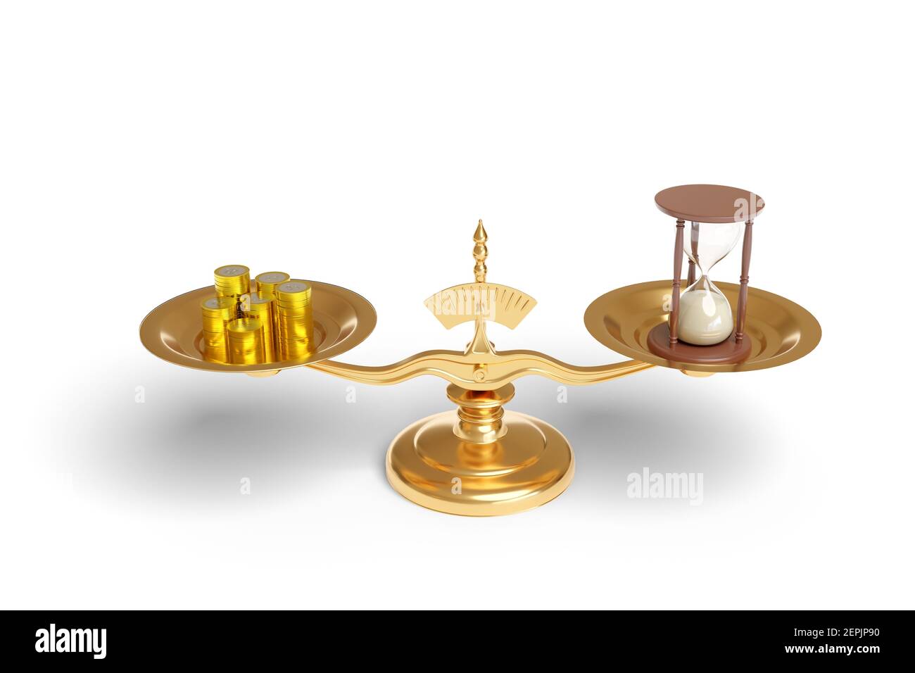 Machine à peser avec des pièces de monnaie et un sablier sur leurs plaques isolées sur fond blanc. illustration 3d. Banque D'Images