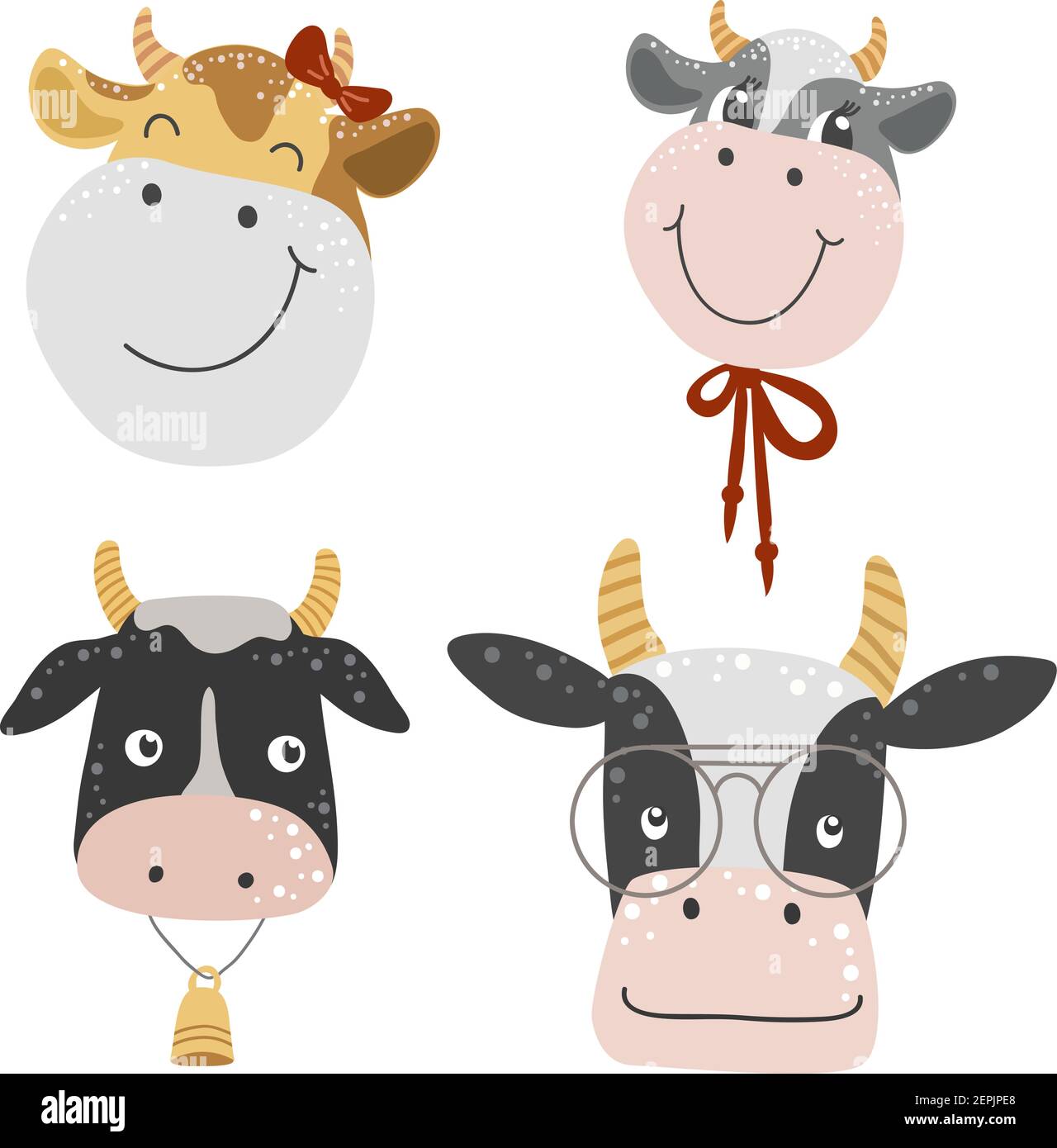 Visages isolés de vaches drôles sur fond blanc, Vector Illustration de Vecteur