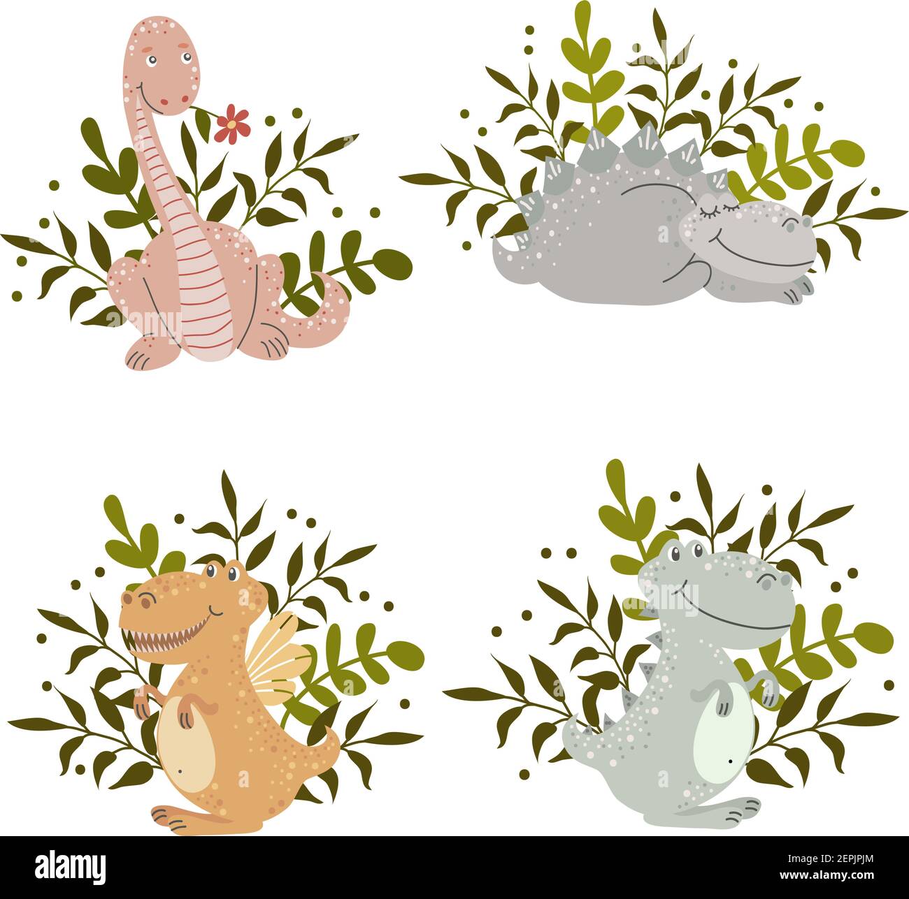 Ensemble de dessins animés de dinosaures avec plantes, vecteur Illustration de Vecteur