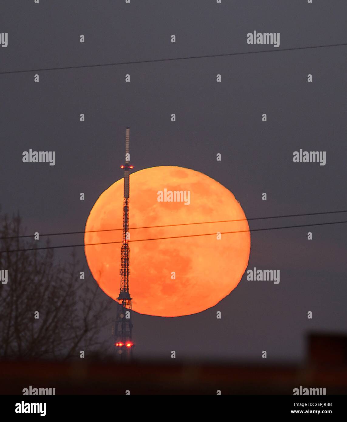 Wimbledon, Londres, Royaume-Uni. 27 février 2021. Full Snow Moon s'élève derrière la tour d'émetteur de 219 mètres de haut Crystal Palace. Crédit : Malcolm Park/Alay Live News Banque D'Images