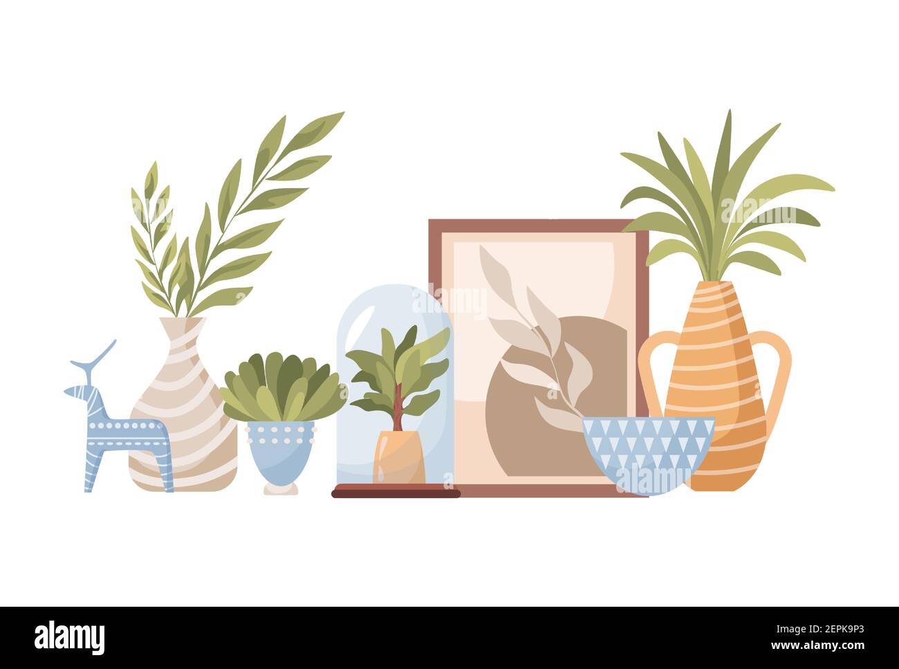 Illustration à plat vectorielle en céramique décorative artisanale isolée sur fond blanc. Ustensile de cuisine, vaisselle pour la décoration, vases en porcelaine et pots avec plantes, cadre pour photo. Illustration de Vecteur