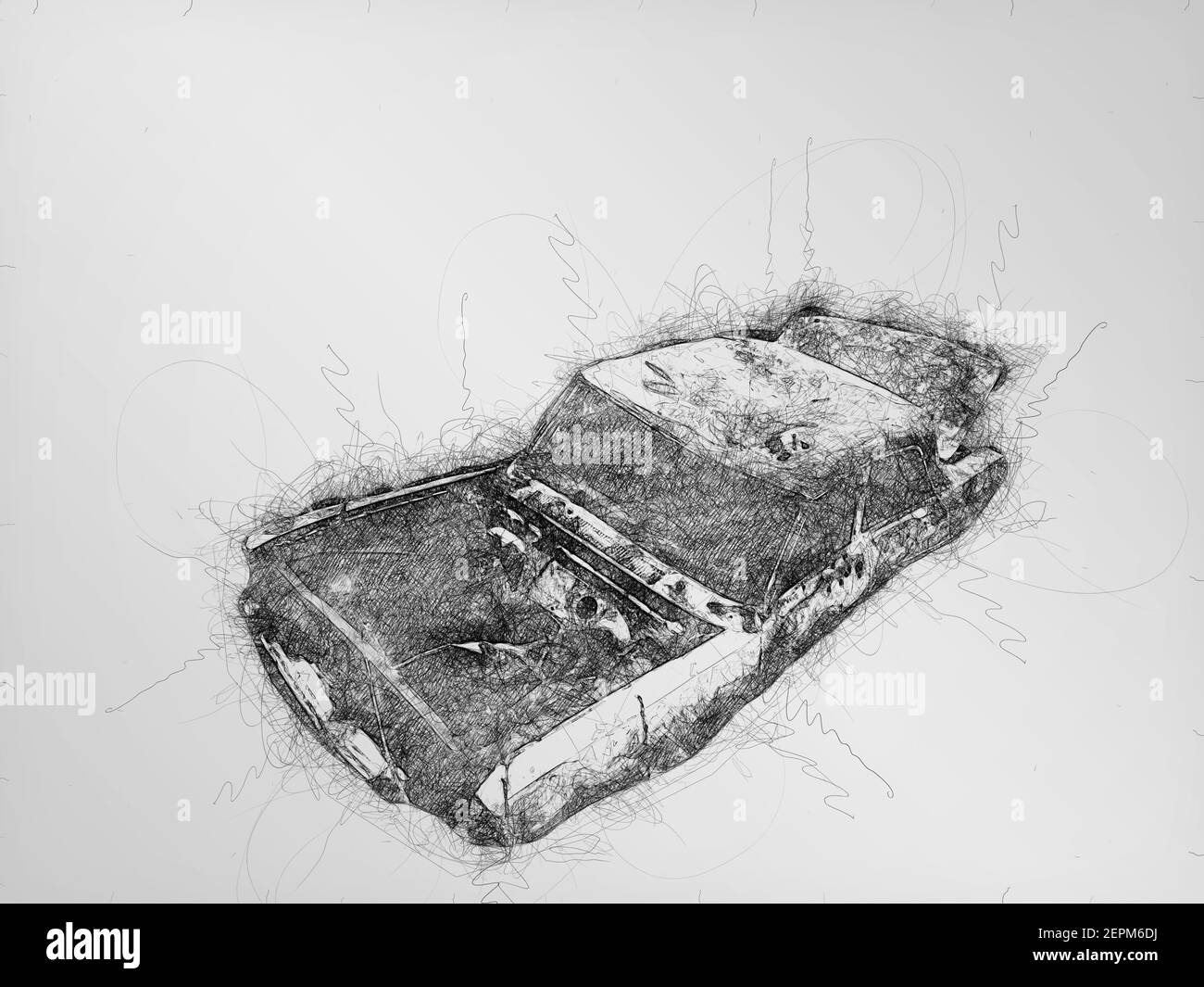 Dessin de gribouillage monochromatique numérique d'une vieille voiture abandonnée sur fond blanc. Banque D'Images