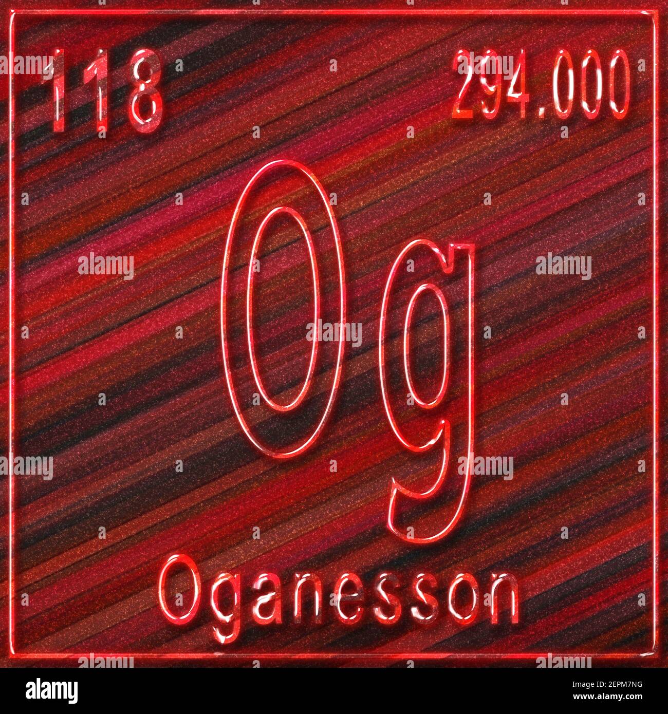 Élément chimique Oganesson, signe avec numéro atomique et poids atomique, élément du tableau périodique Banque D'Images